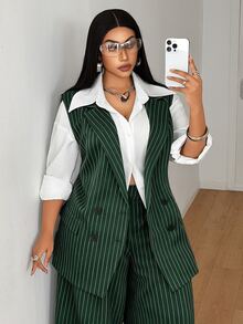 Mawevolt Plus Size Women's Button Striped Vest Jacket And Loose Long Pants Suit Set - Dark Green - View 2