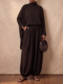 Zivah Women's Minimalist Textured High Neck Cape Top And Cuffed Lantern Pants 2 Pieces Set - Brown - View 6