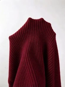 SHEIN 新款秋季精緻不對稱鏤空高領女款華夫格針織毛衣 落肩 泡泡袖口 S - 酒紅色 - 查看 7