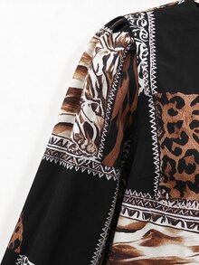 LUMIGAL Leopard Patchwork Print V-Neck Lantern Sleeve Blouse - Multicolor - View 4