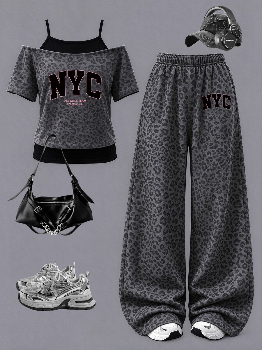 (1套) 青少年女孩休閒簡約風 NYC 炭灰色豹紋 2合1 露肩細肩帶短袖T恤搭配寬腿長褲 - 彩色 - 查看 1