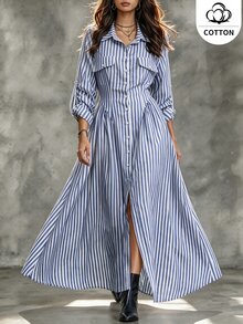 Ceyna Plus Striped Print Roll Tab Sleeve Shirt Dress - Blue and White - View 4