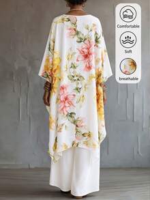 SHEIN طقم ملابس علوية طويلة بطبعة زهور وحافة غير متساوية مع بنطلون واسع الساق - أبيض - مشاهدة 3
