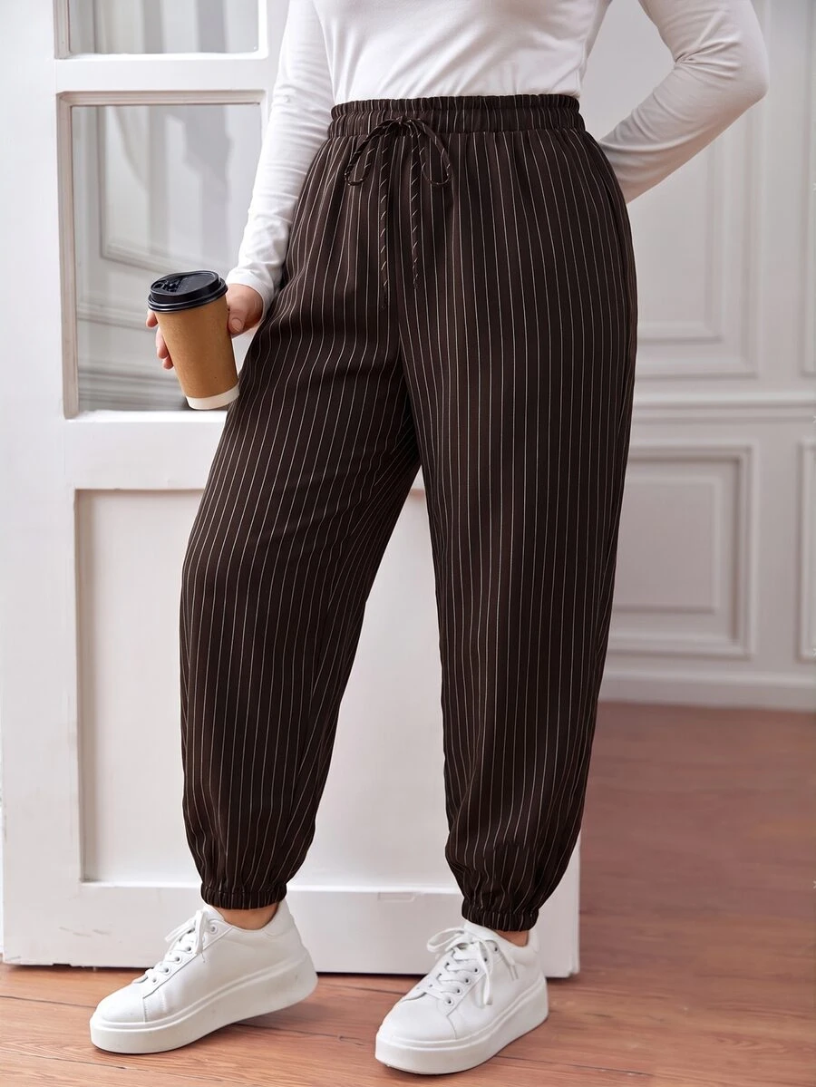 Lounesse Plus Size Women's Striped Casual Drawstring Waist Jogger Pants