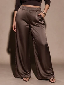 SHEIN BAE CURVE 大尺碼女款優雅寬鬆休閒不對稱辦公正式商務長褲，秋冬黑色，工作褲，萬聖節，聖誕節 - 棕色 - 查看 1