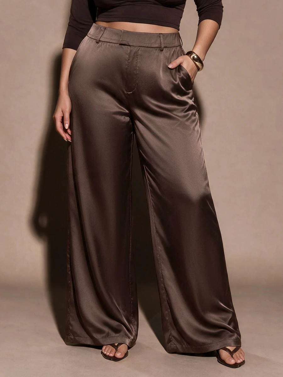 SHEIN BAE CURVE 大尺碼女款優雅寬鬆休閒不對稱辦公正式商務長褲，秋冬黑色，工作褲，萬聖節，聖誕節 - 棕色 - 查看 1