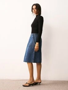 ATUI Studio Women's Casual Denim Skirt With Pockets For Daily Wear - Medium Wash - View 3