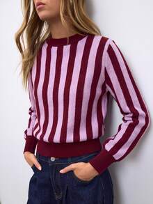 Nöista Vertical Stripes Round Neck Knit SWEATER - Purple - View 5