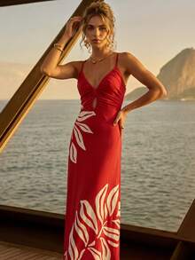 CAJUNI Tropical Plants Print Cutout Ruched Bust Cami Dress - Red - View 6