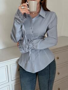 Feyla Solid Button Front Knot Cuff Shirt Office Dusty Blue Fall Elegant - Blue - View 7
