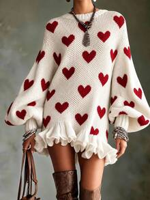 LUMIGAL Women's Polka Dot Lantern Sleeve Ruffle Hem Knit Dress - Red and White - View 1