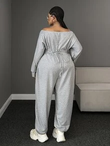 Maweii Plus Size European & American Sexy V-Neck Grey Long Sleeve Sports Sweatshirt Jumpsuit - Grey - View 6