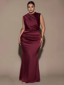 SHEIN BAE CURVE Plus Size Women Solid Color Pleated Casual Minimalist Party Dress - Brown - View 3