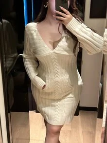 Vibekara Plus Size Solid V-Neck Cable Ribbed Knit Slim Fit Sweater Dress - Apricot - View 5