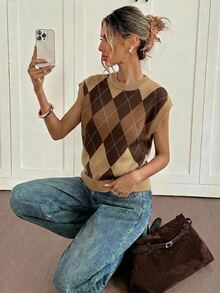 Siren Gaze Women's Diamond Grid Round Neck Batwing Short Sleeve Knit Top - Multicolor - View 4