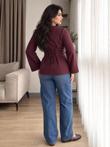 Solavon Plus Button Front Flounce Sleeve Blouse - Burgundy - View 2