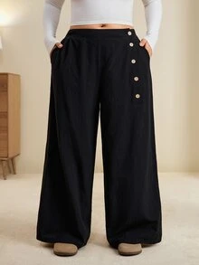 Edennvi Plus Size Women's Solid Color Button Design Pocket Wide Leg Pants - Black - View 5