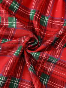 SHEIN Vintaside Kids Young Girls Christmas Red Plaid Long Sleeve Dress, Ruffle Trim & Black Bow Detail, A-Line Holiday Party Dress - Red - View 10