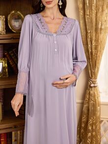PalaceNights Heavy Embroidery Long Sleeve V-Neck Patchwork Lace Trim Loose Maternity Nightgown - Lilac Purple - View 4