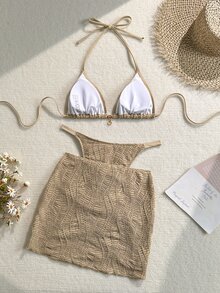 Swim Mod Women's Summer Beach Solid Color Halter Tie Sexy Bikini & Triangle Bottom Two Pieces Swimwear - Coffee Brown - View 2