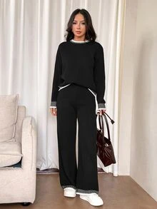 SHEIN PETITE 女款純色圓領長袖毛衣與長褲休閒套裝，常規版型，秋冬季 - 黑色 - 查看 6