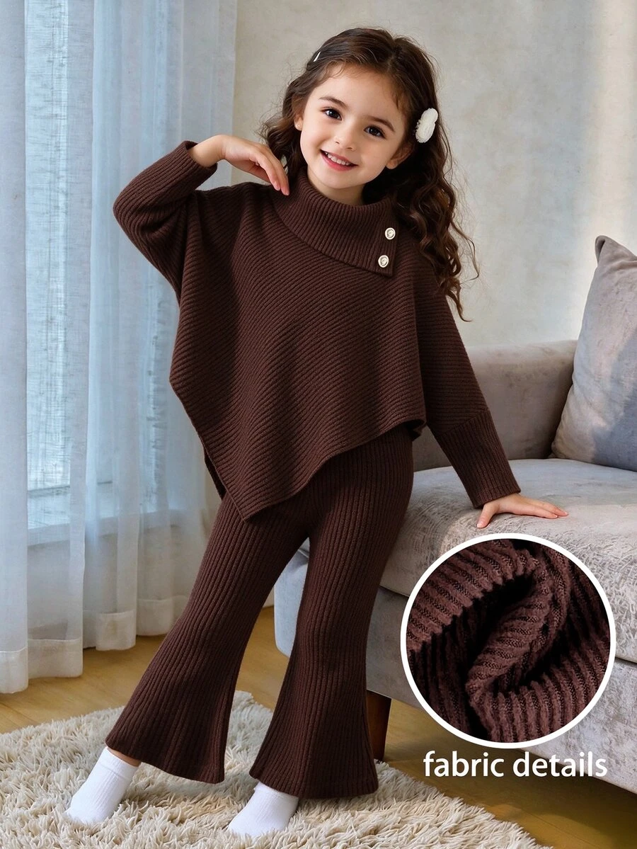 Baby Girl Solid Color Asymmetric Hem Long Sleeve T-Shirt And Flare Pants Casual Set - Brown - View 1
