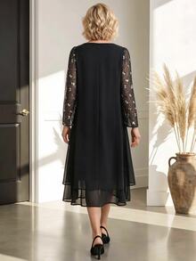 Miaspire Women Ageless Contrast Sequins Lace Yoke Long Sleeve Fold Pleated Dress - Black - View 2