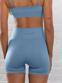 Musera Sport 羅紋高腰無縫修身運動短褲，適用板式網球、網球、匹克球、健身房健身、瑜珈、皮拉提斯、日常休閒夏季穿著 - 霧霾藍 - 查看 3
