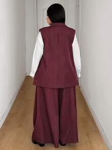Mawevolt Plus Size Women's Button Striped Vest Jacket And Loose Long Pants Suit Set - Burgundy - View 6