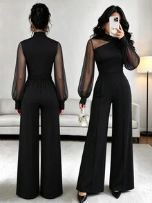 Elenzga High Neck Asymmetrical Shoulder Mesh Patchwork Long Sleeve Top + High Waist Drape Wide Leg Pants 2pcs Set, Elegant Slimming Black - Black - View 2