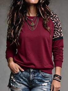 Hansera Sweatshirt Raglan Patchwork Motif Leopard Burgundy Modis untuk Wanita Paruh Baya - MultiWarna - View 3