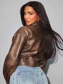 NYA SZN Project NYA INSTINCT Jacket Double Breasted Collared Everyday Luxury Basic Chic Cute Casual Festival Going Out Animal Print Leopard Brown Fall Winter - Brown - View 7