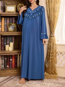 PalaceNights Royal Style Heavy Embroidery Ruffle Trim Patchwork V-Neck Long Sleeve Loose Maternity Nightgown, Long Length Wearable Out - Blue - View 6