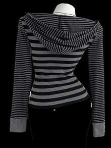 SHEIN CURVE+ Plus Size Women Black & Gray Striped Half-Button Hooded Top, Casual Drawstring Long Sleeve T-Shirt, Autumn/Winter Style - Grey - View 2