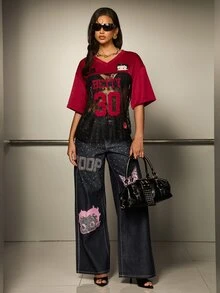 Betty Boop x SHEIN Women's Letter Cartoon Print Lace Patchwork Casual Daily T-Shirt - Red - View 9