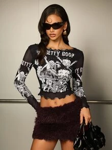 Betty Boop x SHEIN Women's Letter Cartoon Print Casual Daily Wear Top - Black - View 4