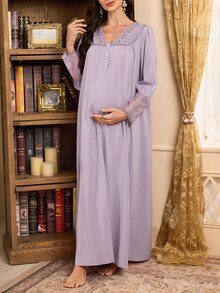 PalaceNights Heavy Embroidery Long Sleeve V-Neck Patchwork Lace Trim Loose Maternity Nightgown - Lilac Purple - View 5