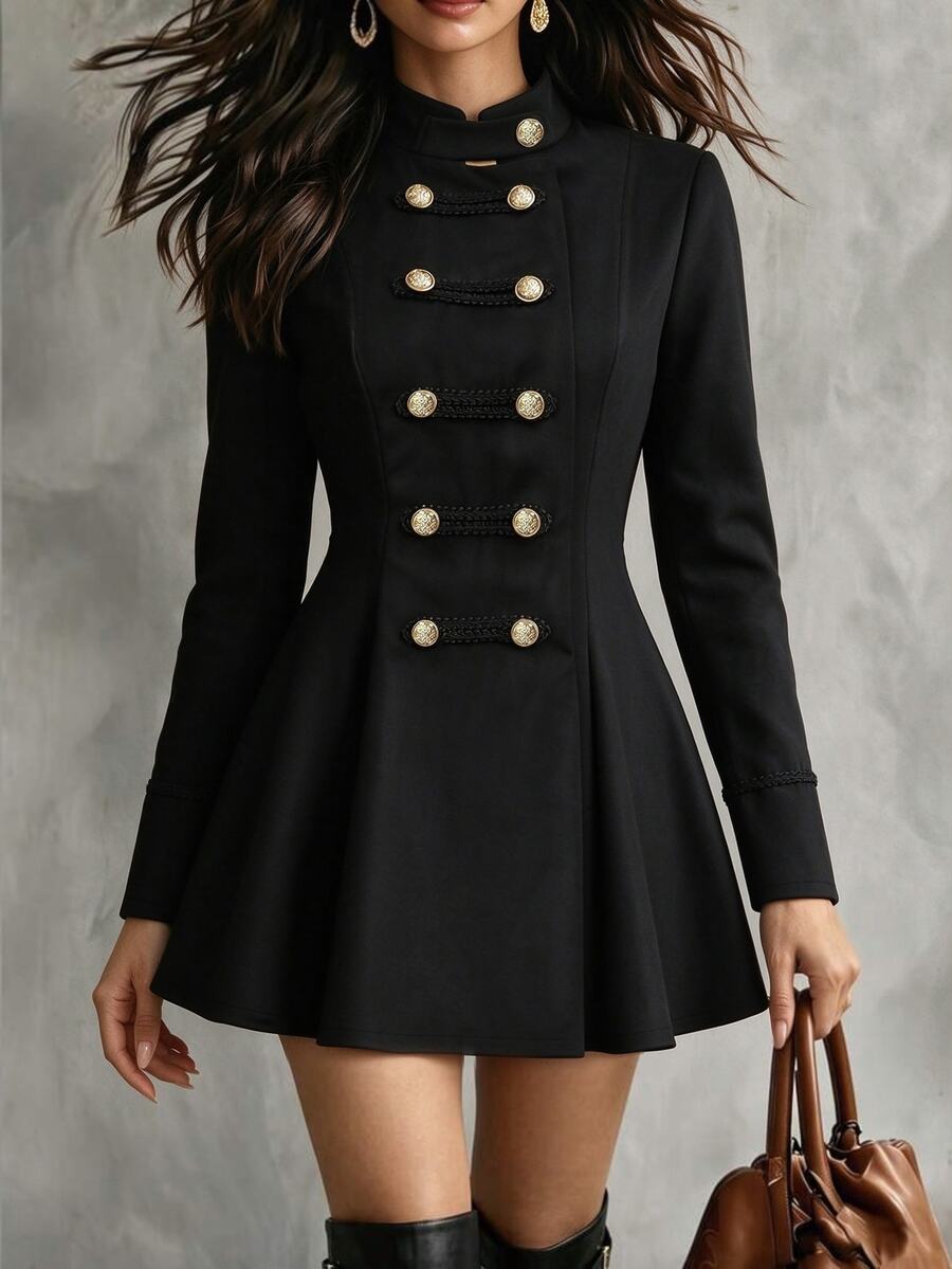 LUMIGAL Women's Vintage Stand Collar Gold Double-Breasted Cinched Waist Short Dress Court Style Fall/Winter - Black - View 1