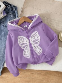 SHEIN 女童灰色與白色花卉蝴蝶結裝飾連帽衛衣外套，適合秋冬外出穿著 - 紫色 - 查看 1