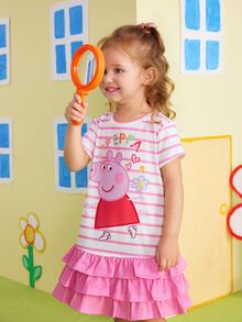 Peppa Pig X SHEIN Young Girl Striped Print Round Neck Short Sleeve Ruffle Hem Cute Dress Peppa Pig - Pink - View 5