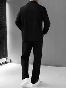 Manfinity Homme 男士休閒時尚寬鬆長袖夾克套裝，外出必備，送給家人與朋友的完美禮物，男士兩件式套裝，棕色 - 黑色 - 查看 2