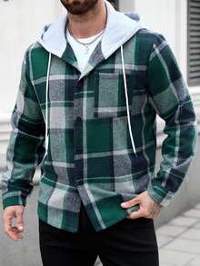 Manfinity CasualCool 男士大尺碼格紋抽繩連帽休閒長袖襯衫外套，不含T恤，男友禮物 - 彩色 - 查看 3