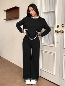 SHEIN PETITE 女款純色圓領長袖毛衣與長褲休閒套裝，常規版型，秋冬季 - 黑色 - 查看 5