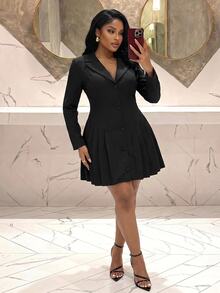 Slaydiva Plus Size Women Solid Color Lapel Neck Long Sleeve Single-Breasted Pleated Hem Casual Dress - Black - View 4