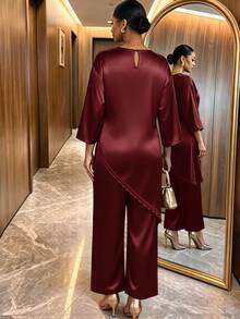 SHEIN Lady 大尺碼女款蕾絲拼接上衣與長褲休閒日常兩件套 秋季 - 酒紅色 - 查看 2