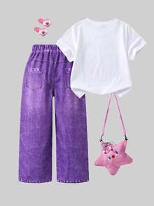 SHEIN 女童T恤套裝，白色圓領卡通動漫上衣，直筒長褲，夏季兒童時尚套裝，充滿活力夏日氛圍，適合旅行與上學穿著 - 彩色 - 查看 2