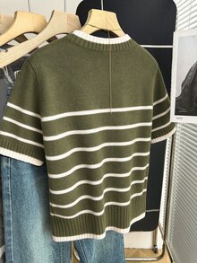 SHEIN 新款春夏韓式簡約休閒寬鬆條紋拼色女款針織上衣 - 軍綠色 - 查看 2