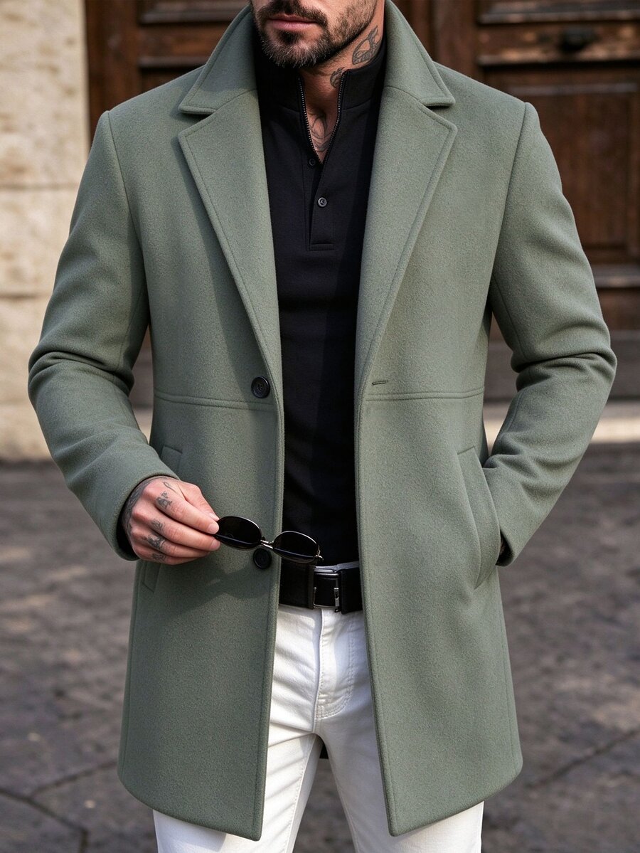 Calvornis Men's Green Fashion Minimalist Notch Lapel Loose Commuter Style Casual Wool Blend Trench Coat Jacket - Green - View 1