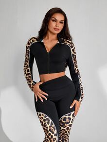Slayform Slayform Women's 2 Pieces Sports Set: Cropped Stand Collar Full Zip Jacket + Leopard Print Patchwork Flared Pants, Leopard Print, Contrast White Trim, Cropped Top, Athletic Casual Two Pieces Set, New Autumn/Winter Style, Suitable For Running, Fitness, Commuting And More - Multicolor - View 3