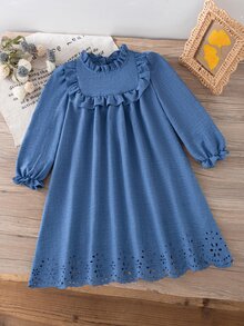 SHEIN Elladie kids 1件女童清新田園風純色布料下擺燒花鏤空工藝，荷葉領，胸前荷葉裝飾，泡泡袖長袖，寬鬆A字中長洋裝，常規厚度，精緻鏤空洋裝，適合日常穿著、度假穿搭，春秋季 - 藍色 - 查看 4